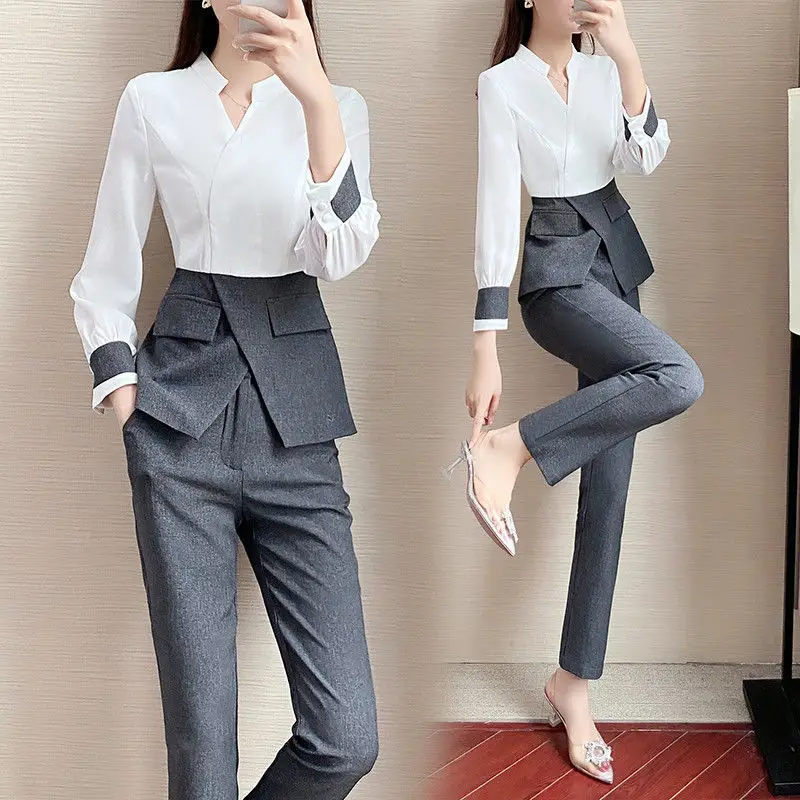 Long Sleeve Trouser Suit Female For Autumn 2024 New Fashion Patchwork Elegant Profession Pantsuits 2 Piece Clothing Sets Women