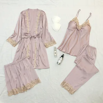 

Women 4PCS Pajamas Set Sleepwear Lace Patchwork Home Clothes Satin Nightwear Pijamas Silky Kimono Bathrobe Gown Homewear
