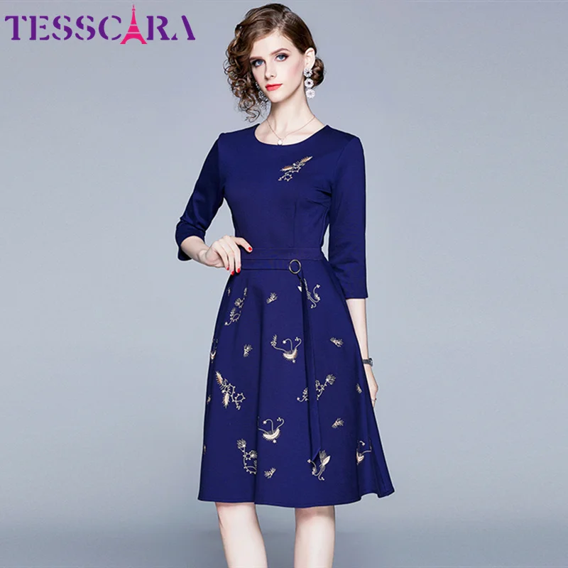 Blue TESSCARA женское осенне-зимнее элегантное платье с вышивкой Festa Женская Офисная Женская одежда для вечеринки Дизайнерские повседневные платья высокого качества - Цвет: Blue