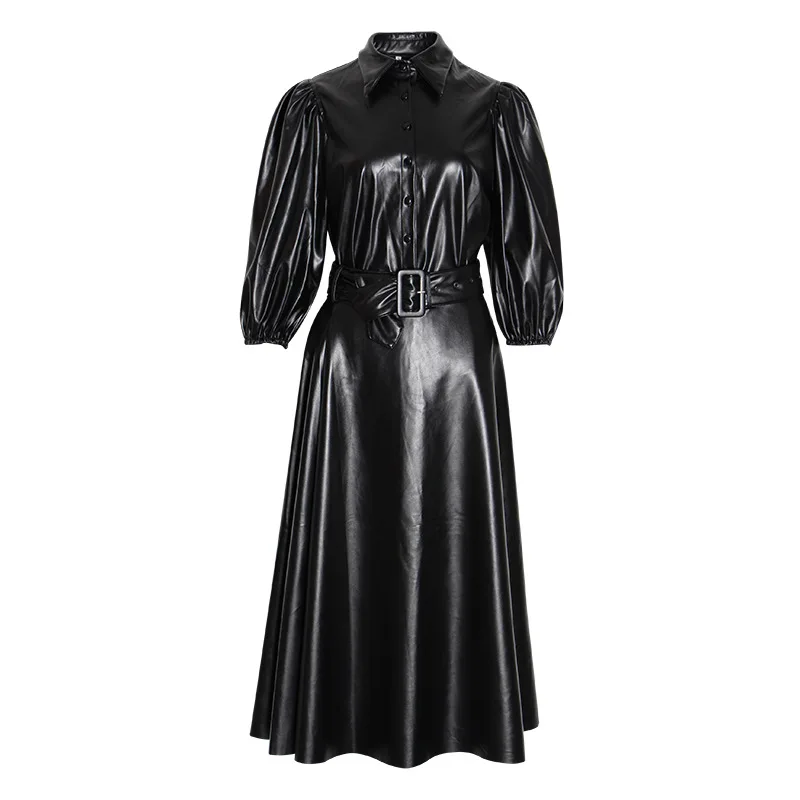 OMIKRON Модные женские комплекты из двух предметов Pu с длинным рукавом однобортные черные короткие куртки пальто+ бальное платье плиссированные юбки с поясом
