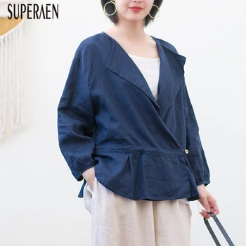 

SuperAen Cotton and Linen Shirts Women 2020 Spring New Solid Color Ladeis Blouses and Tops Wild Casual Fashion Women Clothing