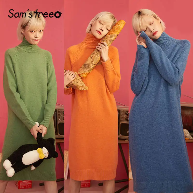 SAM'S TREE/многоцветный однотонный минималистичный вязаный пуловер, платье-свитер для женщин, зима, чистый длинный рукав, повседневные женские платья