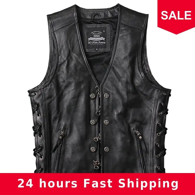 

2020 Black Men Genuine Leather Vest Double Breasted Plus Size XXXXL Slim Fit Short Real Cowhide Biker's Leather Vest