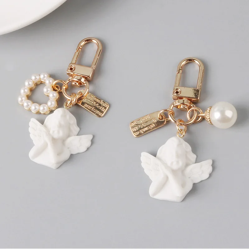 Creative Vintage White Angel Keychain Women Girl Cute Mini Pearl Heart Key Chain Car Key Ring Holder Trinket Bag Charms Jewelry