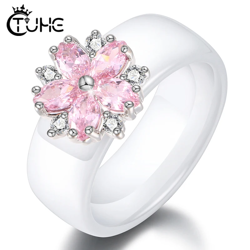 Wedding Rings Silver Rings Silver Ring Female Girls Pink Crystal Geometric Ring Healthy Ceramic Ring Promise Wedding Engagement Rings For Women Best Gifts