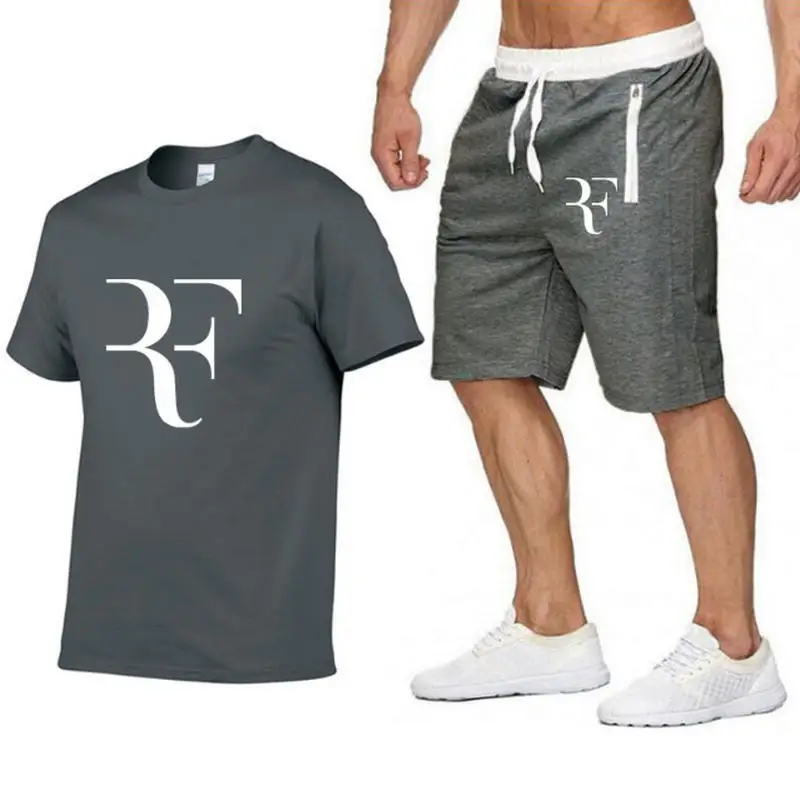 

Roger Federer RF Tracksuit Summer Shirt +Shorts Outwear Sporting Men Sets T Shirts clothing Two piece suit Casual Tshirt