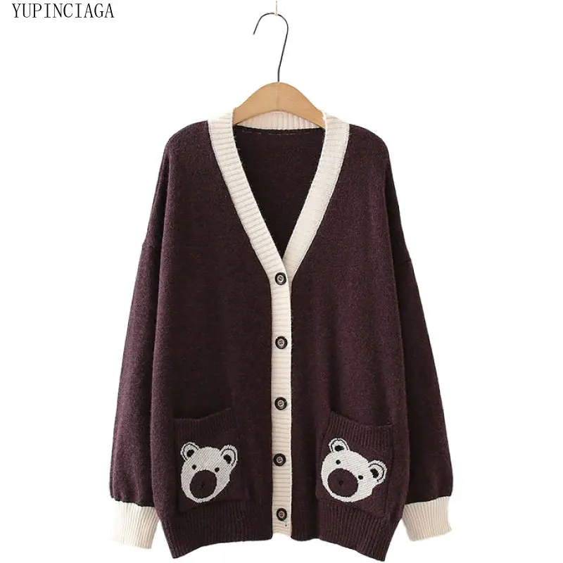 

Women Jacquard Knitting Single-breasted Double Pocket Sweet Mid-Length Sweaters Bear Embroidery Cardigans Loose V-neck Sweater