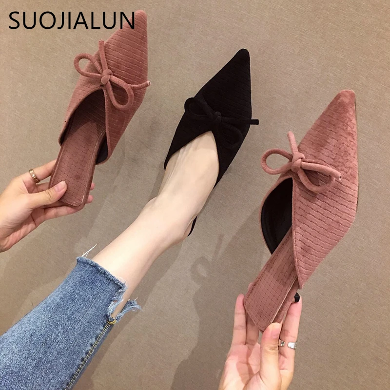 

SUOJIALUN Women Mules Slipper Fashion Brand Flock Bowtie Low Heels Slides Pointed Toe Slipper Elegant Shallow Dress Shoes