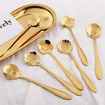 

8 Pcs Stainless Steel Assorted Flower Shape Spoons Creative Dssert Scoop Stirring Spoon Tableware Dessert Cake Coffee Spoon