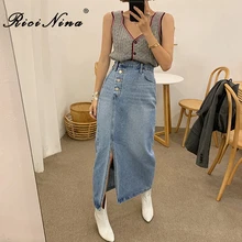 RICININA, Женская юбка, джинсовые длинные юбки, высокая талия, пуговицы, разрезные, макси юбки, женские джинсы, Винтаж, Jupe Femme, уличная одежда, весна