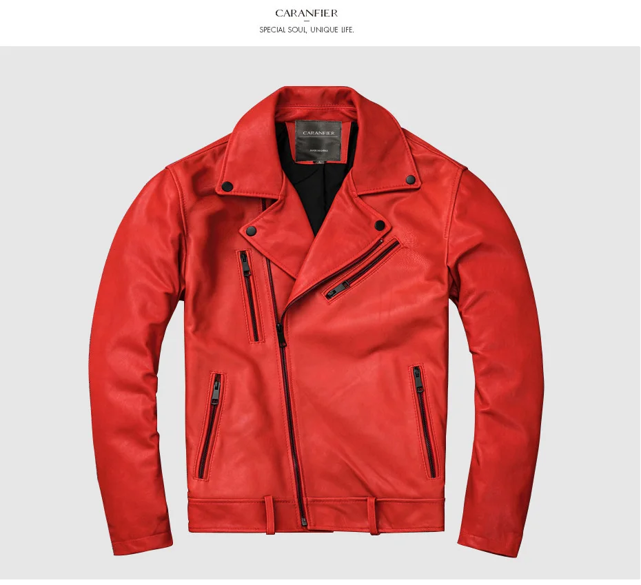 CARANFIER Красная мужская куртка из натуральной кожи Модная мотоциклетная байкерская куртка со стоячим воротником растительное Дубление козья зимняя куртка