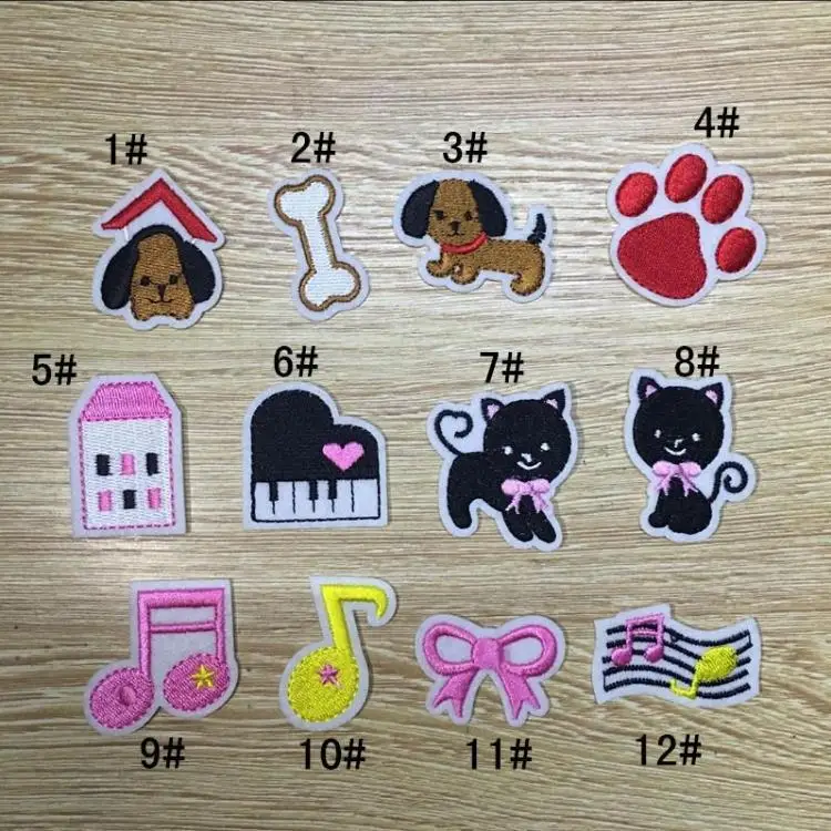 

50pcs/lot Embroidery Patches Clothing Decoration Accessories Cute Animal Dog Music Tie Footprint Diy Iron Heat Transfer Applique