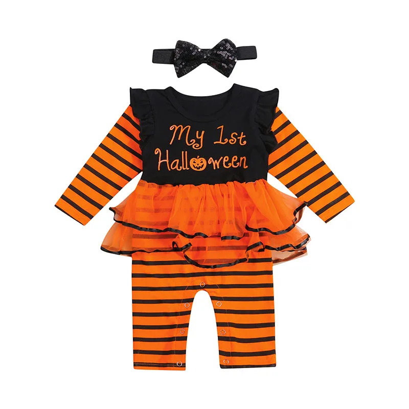 

Baby's Halloween Girls Two-piece Clothes Set Stripe And Letters Printed Pattern Romper And Headdress Children's Clothing Set