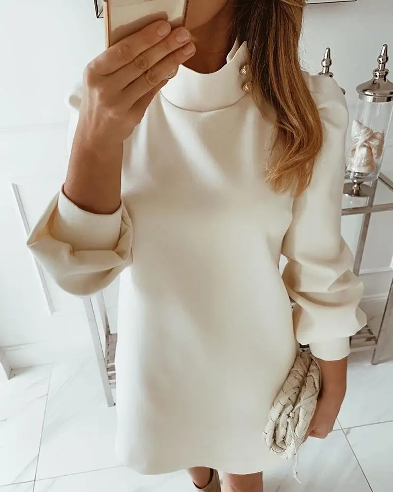 Solid Turtleneck Button Mini Dress Women Long Sleeve Autumn OL Elegant High Neck Short Workwear | Женская одежда