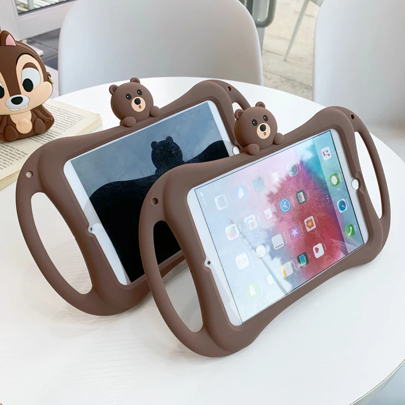 

3D Cute Bear Handle Adjustable Bracket Silicone Protective Case For iPad mini 123 45 Pro 9.7" 10.2" 2017 2018 2019 iPad Air 123