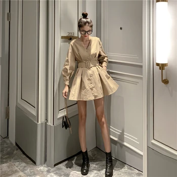 

Firm offers to film khaki accept waist coat women's popular little v-neck dress with belt