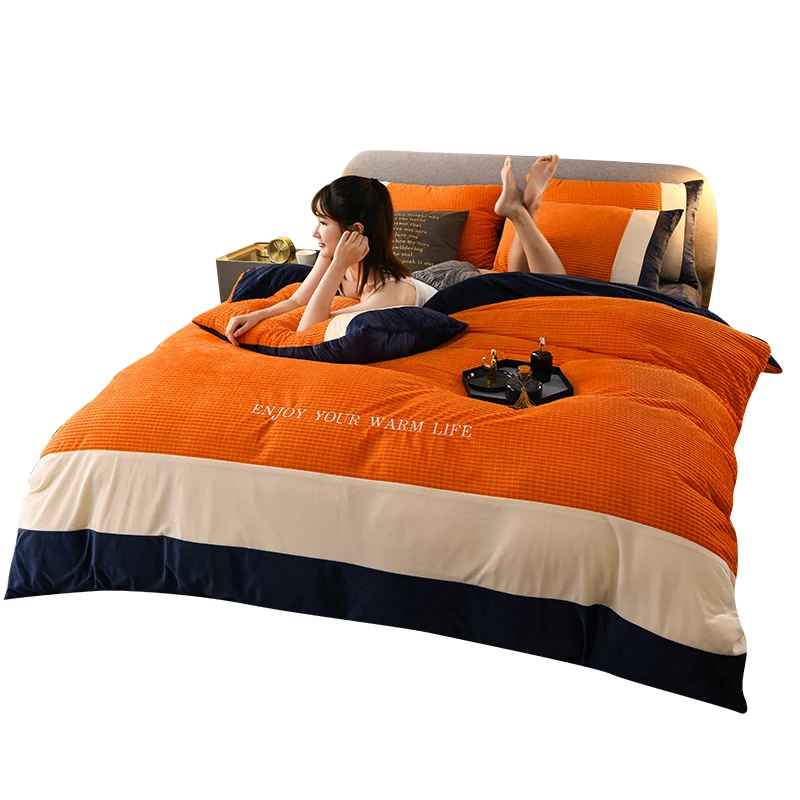 

Hot New velvet Fleece bedding set 4pcs stripe duvet cover flat fitted sheet pillowcase AB side flannel winter warm bed linen