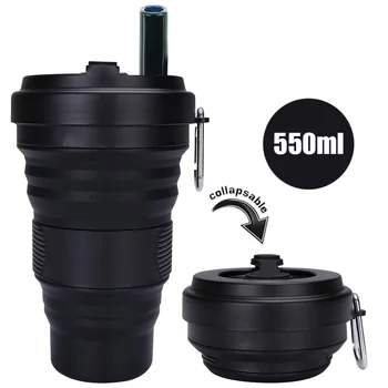 

Collapsibl Silicone Coffee Cup with Straw Lid 550ml Folding Mug Leak Proof BPA Free Reusable Portable Water Bottle Travel black