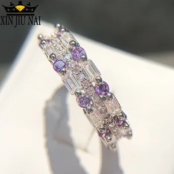 

Double Layer Purple Crystal Yellow Agate Finger Amethyst Ring For Women Square AAA Zirconia Silver Ring Shiny Party Jewelry