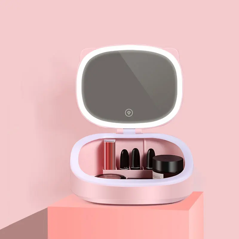 Kawaii USB Перезаряжаемый органайзер для макияжа с зеркалом, пластиковый светодиодный светильник, коробка для хранения косметики, украшений, контейнер для домашнего декора - Цвет: pink