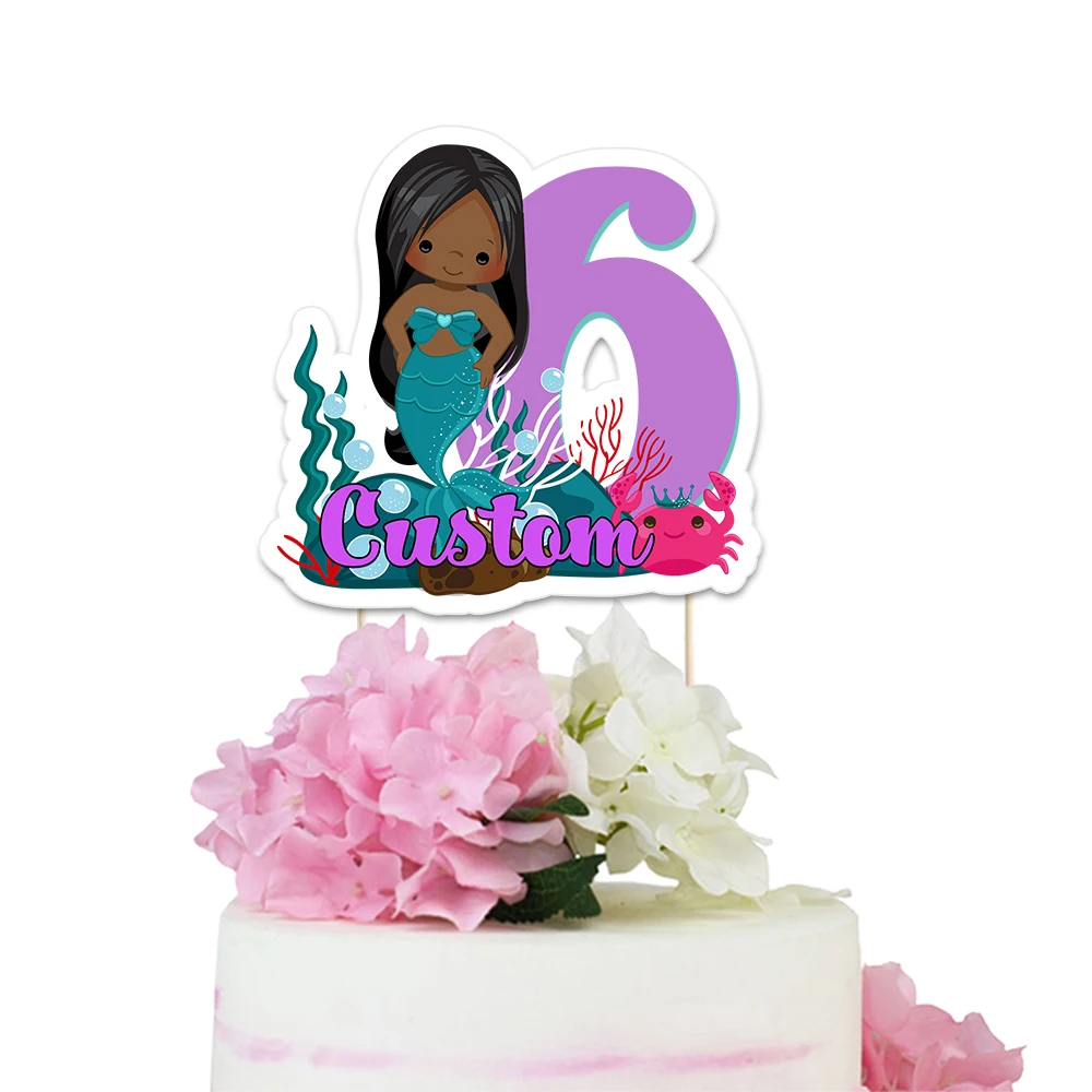 Mermaid Theme Party Paper Cake Topper Black Hair Girl Mermaid Kids Event Birthday Party Decorations Supplies Custom-Made Topper - Цвет: custom-made