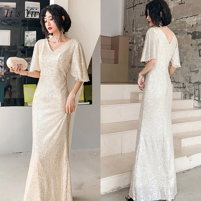 

It's YiiYa Eveing Gowns V-neck Sequins Evening Dress For Women 2020 Mermaid Long Plus Size Half Sleeve Robe De Soiree K122