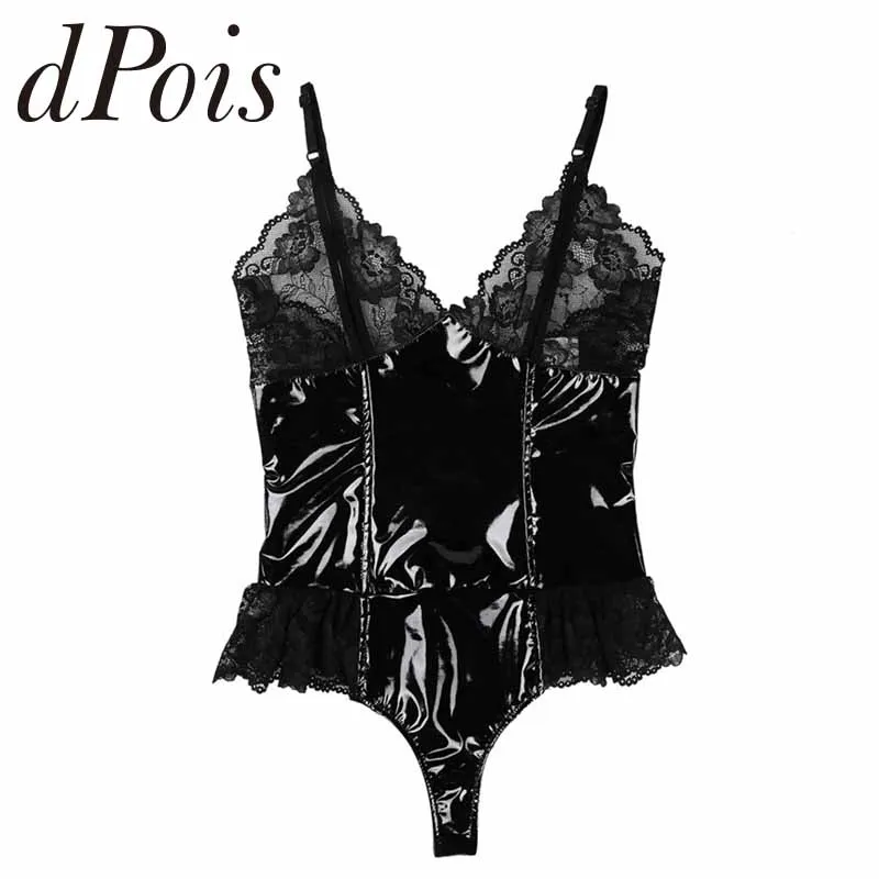 

Women Bustier Lingerie Patent Leather Lace Patchwork One-Piece Sleeveless Slim Nightclub Wear Dress Bodysuit Jumpsuit Underwear