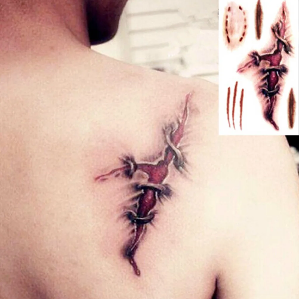 1 Sheet Halloween Terror Wound Realistic Blood Injury Scar Fake Tattoo Sticker Waterproof Temporary Tattoo Sticker Hot