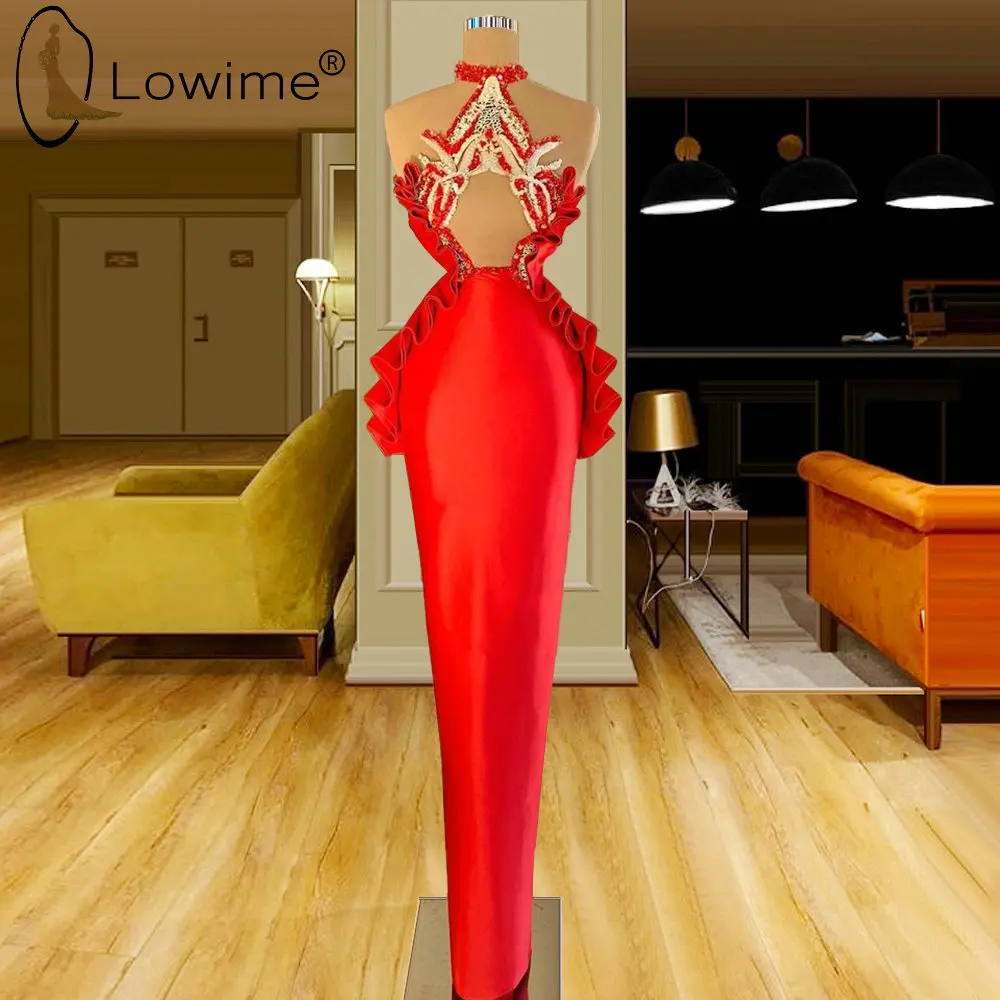

Sexy Red Long Mermaid Evening Dresses Halter Neck Satin Party Prom Gowns Robes De Soirée De Mariage Formales 2021