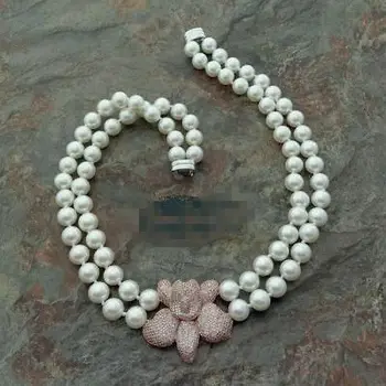 

gold plated Zircon Pave Pendant White 10MM Sea Shell Pearl 22" 2strands Necklace