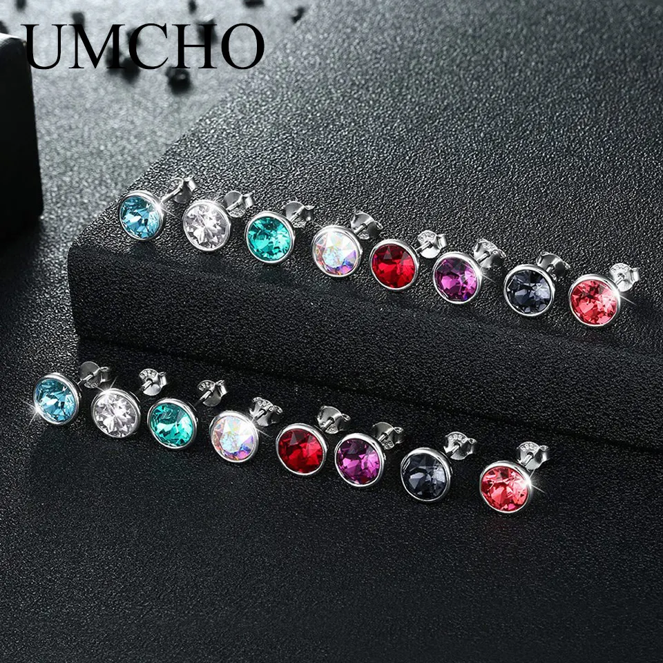 

UMCHO 1PCS Solid 925 Sterling Silver Created Crystal Round Stud Earrings Set for Women Girl Party Wedding Daily Jewelry Gift