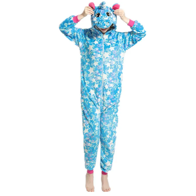 Kigurumi Uincorn, Мужская зимняя фланелевая одежда для сна, Пикачу, единорог, Пижама для взрослых, Мультяшные животные, Комбинезоны для женщин, пижама для пар - Цвет: Blue star unicorn