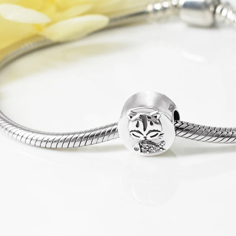 Подлинный браслет Pandora, 925 пробы, серебряный, милый кот, рыба, подвески, бусины в виде животных для мамы и девочки, хорошее ювелирное изделие