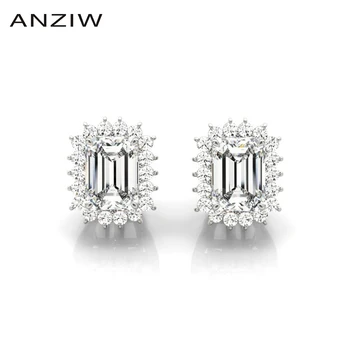 

ANZIW 925 Sterling Silver Women Heart &Arrows Lover Stud Earrings Halo 0.25 Carat Emeraled Cut Silver Stud Earrings Jewelry