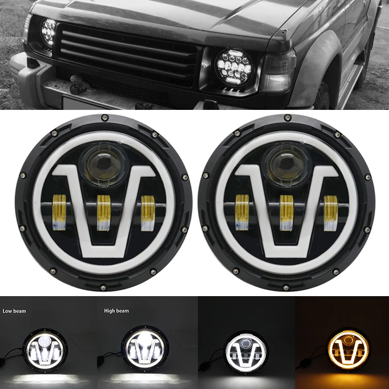 

2x 7inch DOT White V shape DRL Amber Halo Angle Eye LED Headlight Driving Light for Jeep Land Rover Defender Niva Lada 4x4