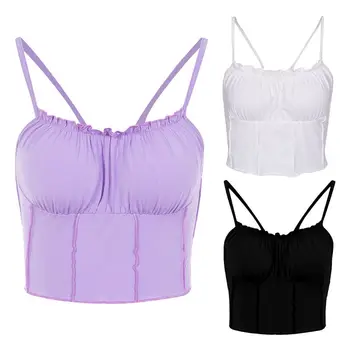 

Women Sleeveless Crop Top Ruffled Solid Color Camisole Ruched Bust Slim Vest