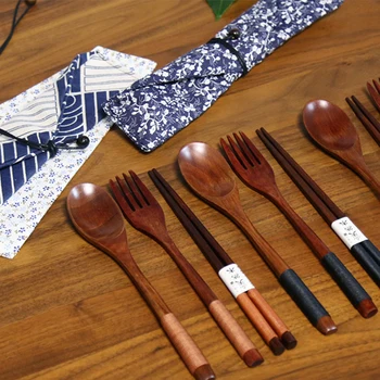 

Portable Tableware Set Wooden Cutlery Sets With Useful Spoon Fork Chopsticks Travel Environmental Protection Gift Dinnerware