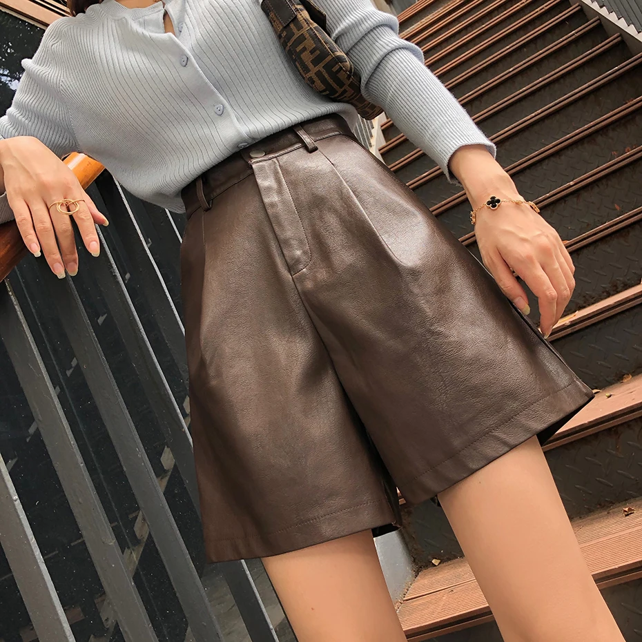 dickies shorts QOERLIN Faux Leather Bermuda Shorts Vintage Chic Imitation PU Shorts Women Fall Winter Wide Leg Loose Casual Shorts Black S-2XL ladies clothes