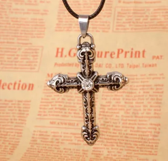 white drill leather Ouroboros Snake Titanium Steel Pendant Necklace Punk Style Men's Personal Domineering Retro Sweater Chain - Metal Color: white drill leather