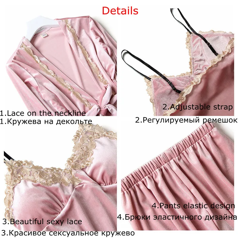 JULY'S SONG 4 Pieces Velvet Warm Pajamas Set Women Sexy Lace Sleepwear Pajamas Suit Winter Sling Nightdress Woman Nightwear