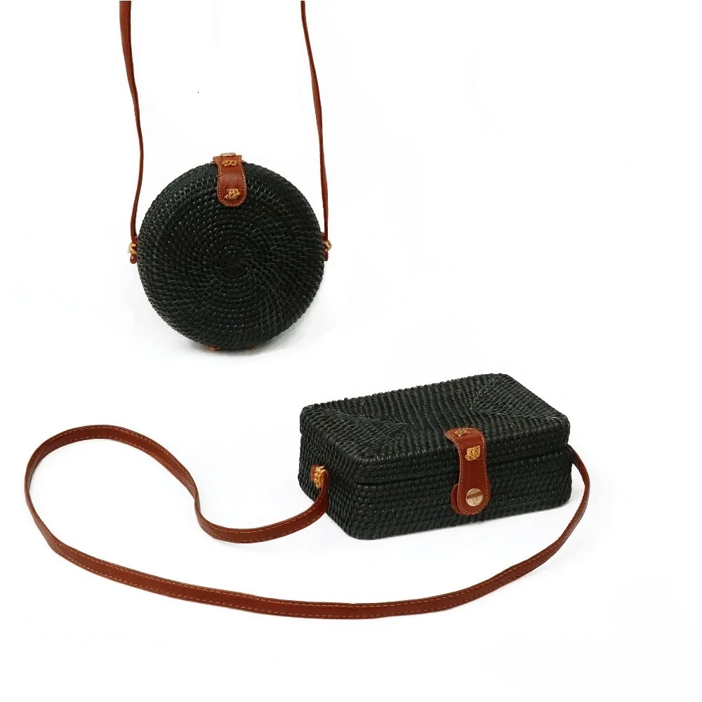 

Rattan Bags Black Straw Round Handbags for Women 2019 Ladies Fashion Crossbody Bag Bohemian Beach Crossbody Shoulder Bags