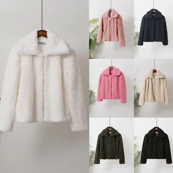 

New Product Women Plus Velvet Solid Color Turn -Down Collar Wool Lamb Short Long Coat Fashion Style Fashion