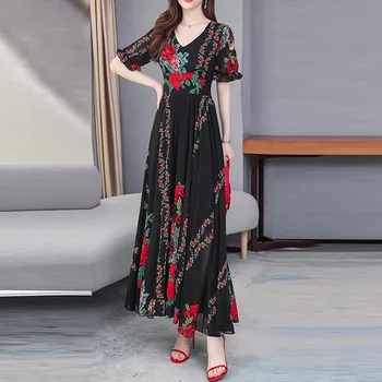 

2020 Women's Fashion Summer Elegant V-neck Puff Sleeve Retro Print Short Sleeve Boho Style Dress vestidos de fiesta de noche