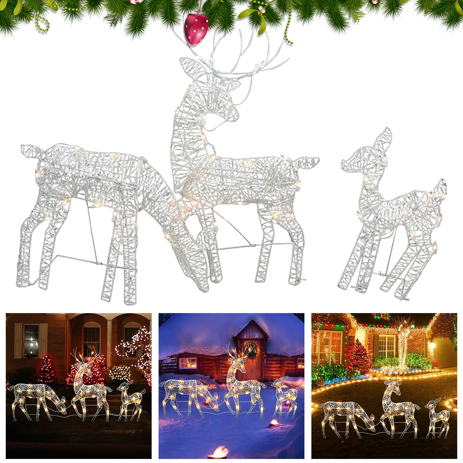 3Pcs Lighted Deer Family Outdoor Christmas Winter Decoration For Front Yards Home Decor Create A Festive Atmosphere новый год | Дом и