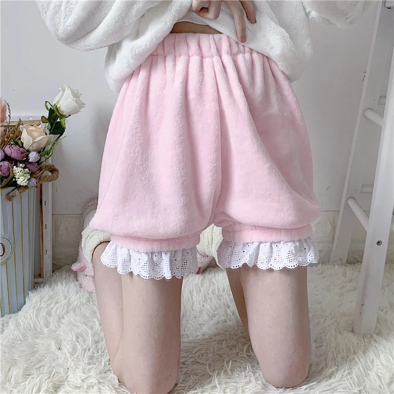 

Women Kawaii Cartoon Pajamas Shorts Sleep Bottoms Leisure Home Wear Shorts Sweet Lace Sleeping Coral Fleece Pajamas Comfortable