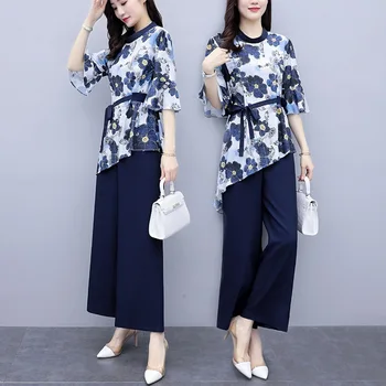 

Women Set Clothing 2020 Spring Summer Floral Print Blouse Tops and Pants Suit Female Boho Casual Vintage Loose Wide Leg Trousers