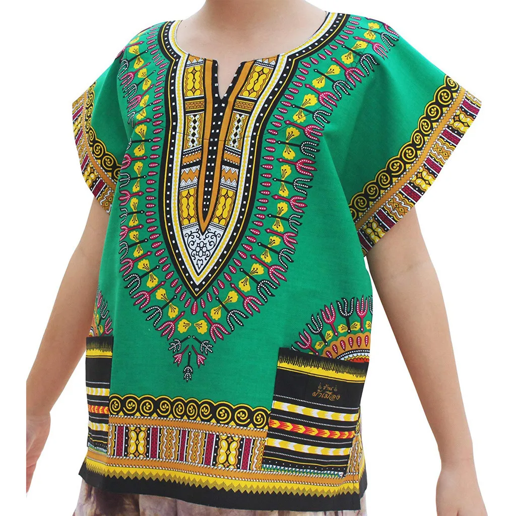 Модные футболки с короткими рукавами для мальчиков и девочек; коллекция года; Детские футболки унисекс ярких цветов в африканском стиле с карманами в стиле Дашики; детские футболки