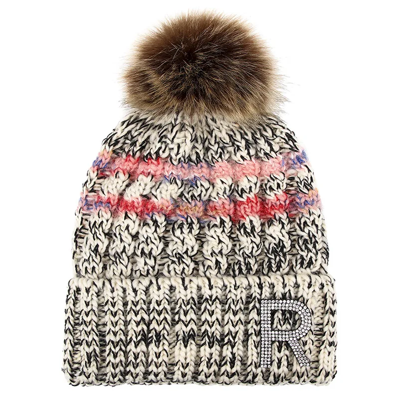Fashion Striped Letter Winter Warm Hat Women Pompom knitted Beanies Hats Girls Thick Beanie Skullies Hat Snow Hat Bonnet