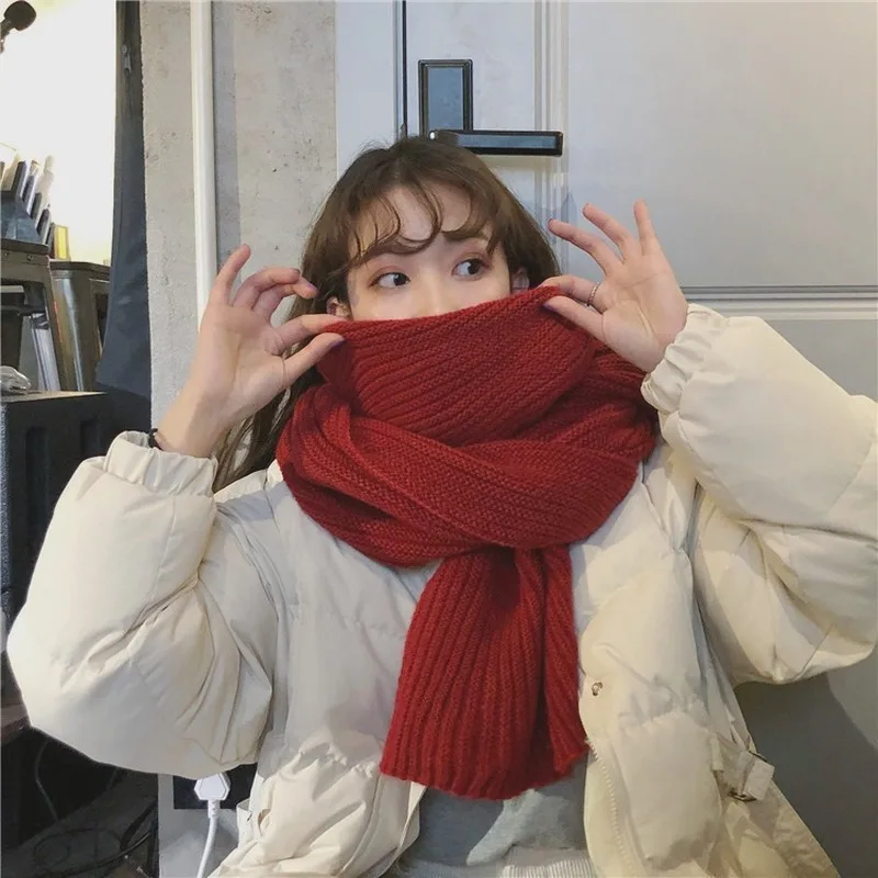 

Korean Wool Knitted Scarf Women's Thick Warm Scarf Autumn and Winter Warm Solid Color Tide Red Hair New Scarf Christmas Gifts