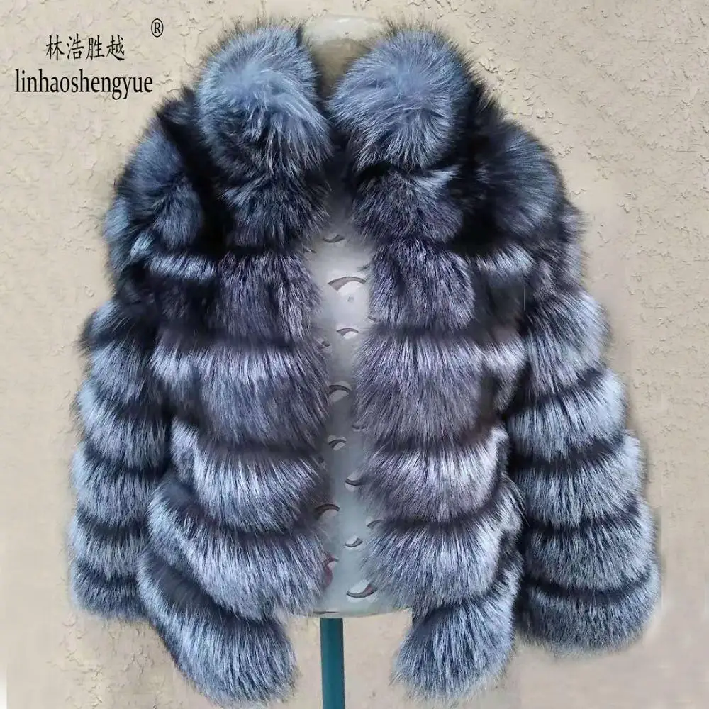 Linhaoshengyue модное женское пальто из меха серебристой лисы, Женское пальто с горизонтальной полоской, Женское пальто с воротником-стойкой - Цвет: Тёмно-синий